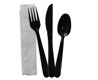 Wrapped Cutlery Kit Fork, Spoon, Knife with Napkin Black