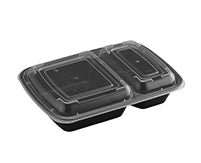 32oz Rectangular 2 Compartment  Black Container with Lid - 50 sets