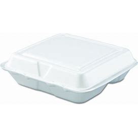 8x7.5x2.3" 3 compartment white foam hinged take out container