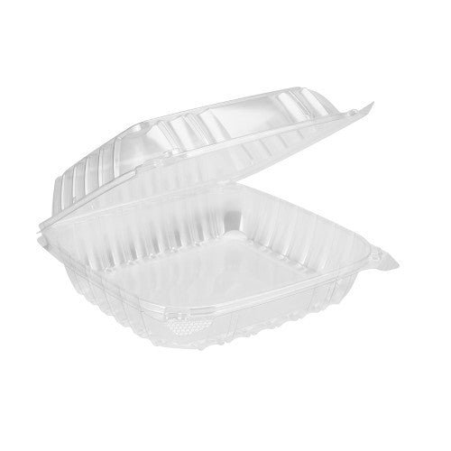 Dart C90PST1 8 5/16 inch x 8 5/16 inch x 3 inch ClearSeal Hinged Lid Plastic Container, 125 per package - Thebestpartydeals