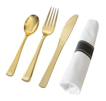 Golden Secrets- Heavy Gold Napkin Roll- Fork, Knife, Spoon, 70 Sets per case - Thebestpartydeals