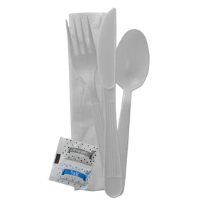 Wrapped Cutlery Kit Fork, Spoon, Knife, Napkin, Salt, and Pepper White